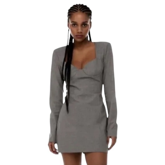 Zara Cupped Chest Padded Shoulder Long Sleeve Mini Dress in Grey - Picture 15 of 15